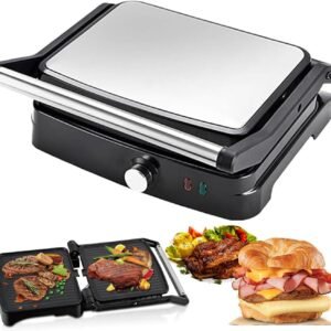Parrilla eléctrica con apertura 180° y doble placa de cocción
