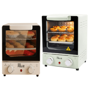 Horno Eléctrico Vertical Compacto 15L, Puerta de Vidrio Transparente, Control de Temperatura Ajustable, Temporizador 60 Minutos, Ideal para Cocina Pequeña, Color blanco y verde