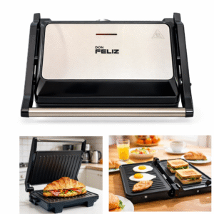 Sandwichera y Prensa Panini 2 en 1 1000W | Parrilla Eléctrica 180° Apertura | Placas Antiadherentes 23×14,5 cm | Control Automático de Temperatura, Bisagra Flotante, Asa Fría, Compacta