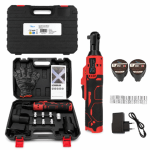 Llave de Carraca Eléctrica Inalámbrica 12V, 50Nm, 230RPM, 3/8", 2 Baterías Recargables, Luz LED, Giro Reversible, Kit con 7 Vasos para Automóvil y Hogar
