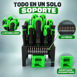 Juego de 11 Destornilladores Manuales con 10 Puntas, Soporte y Magnetizador