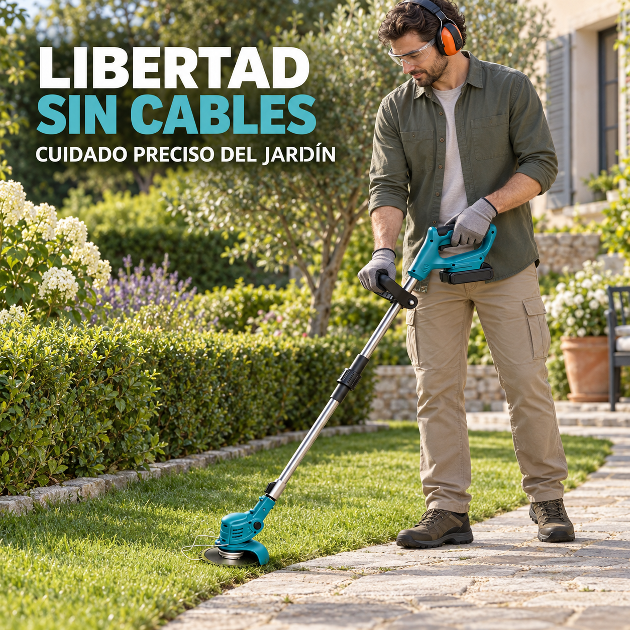Cortadora de Hierba Inalámbrica con Eje Telescópico, 2 Baterías y Accesorios de Corte