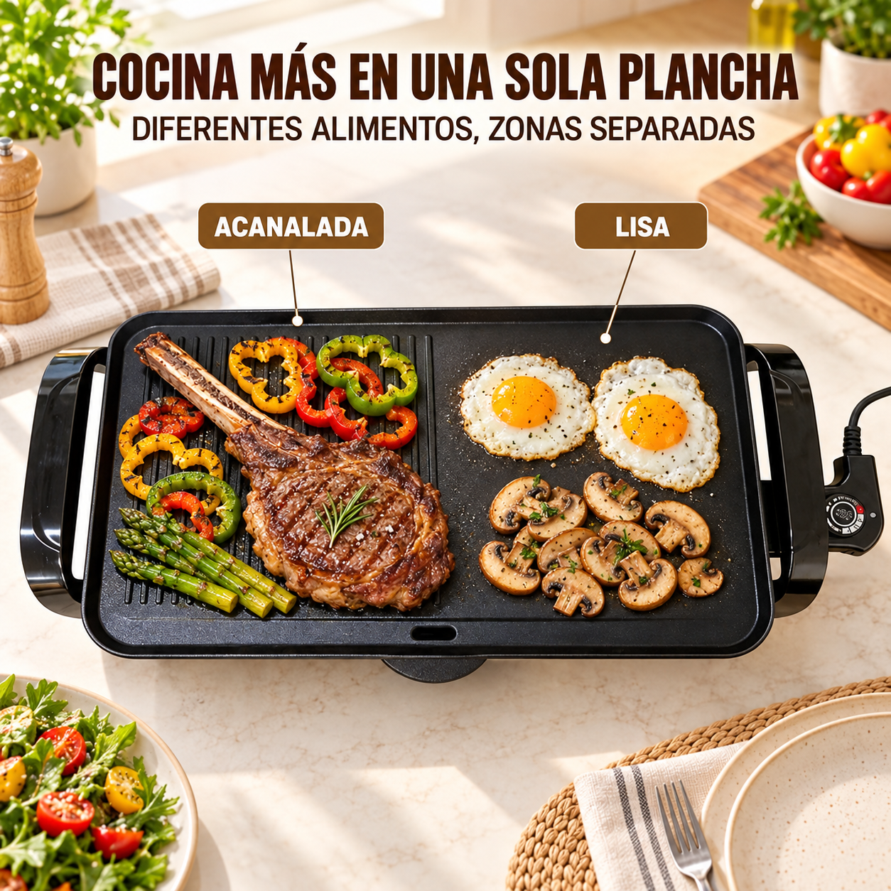 Plancha Eléctrica de 2000 W con 5 Niveles de Temperatura